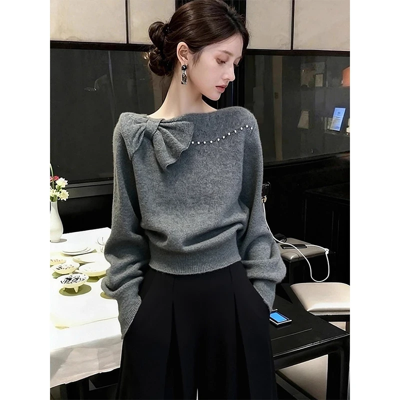 毛衣女款2025秋冬季新款巨好看气质高端灰色蝴蝶结内搭针织衫上衣