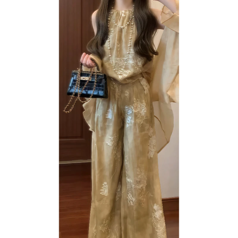 【听风水榭】新中式国风金线珠片绣挂脖吊带&阔腿裤&防晒外披9096