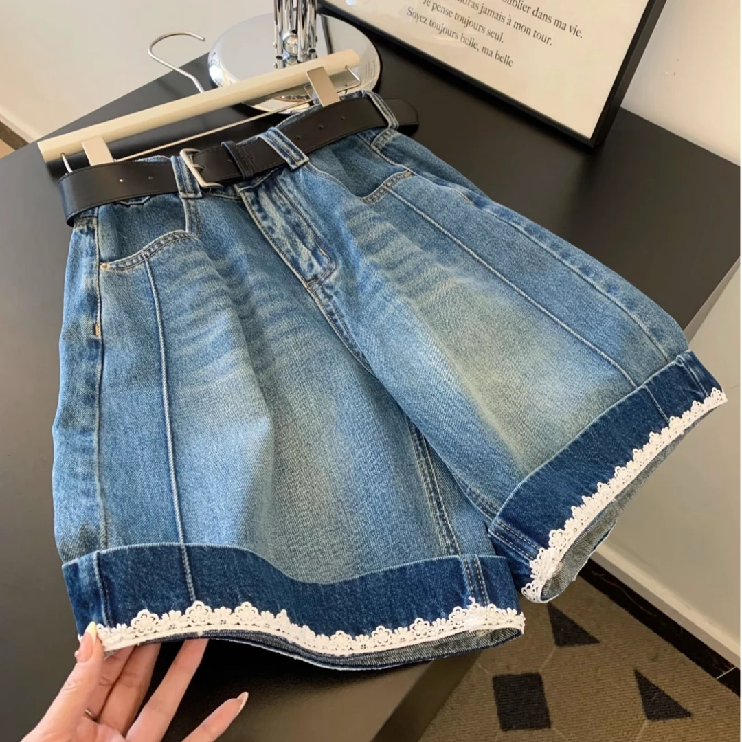 韩系蕾丝边拼接牛仔短裤女夏季新款小个子高腰显瘦a字阔腿五分裤