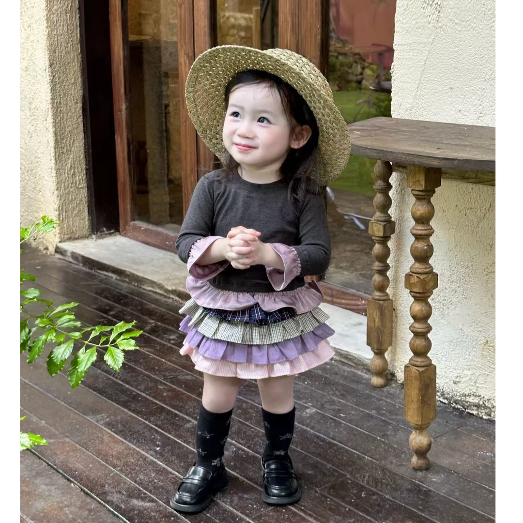 壹妈童装女童时髦套装2025新款洋气女宝长袖上衣拼色百褶蛋糕裙