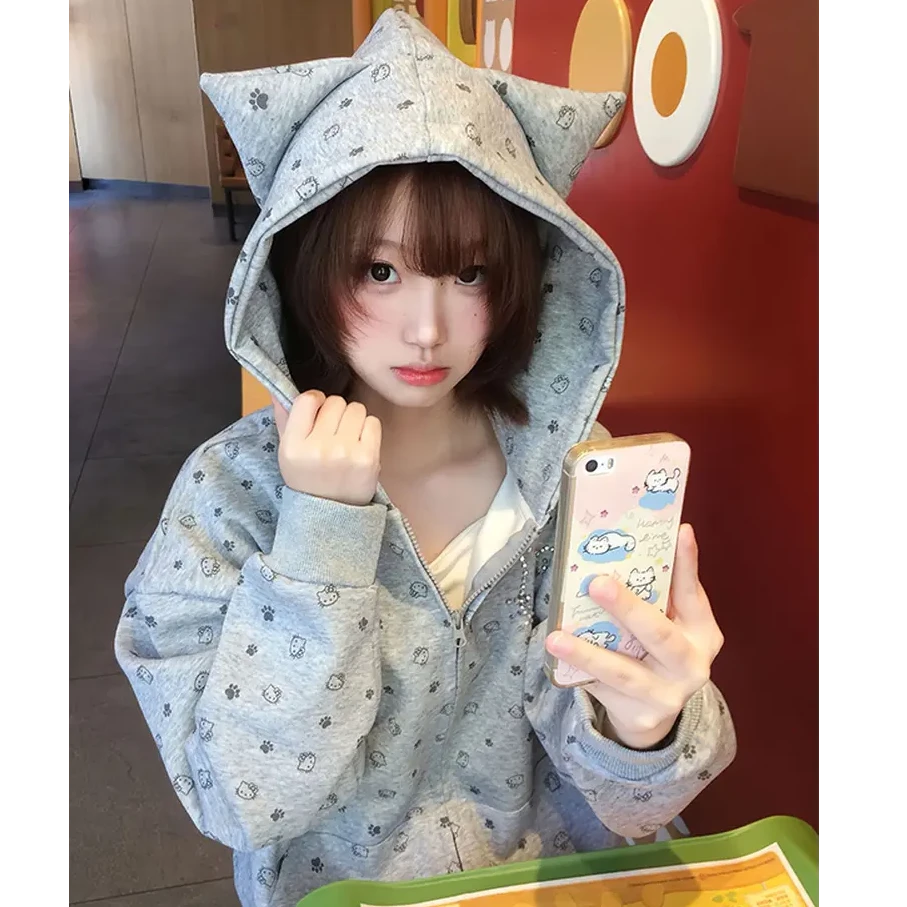 2025秋季新款美式卡通猫咪图案连帽卫衣女宽松设计感小众开衫外套