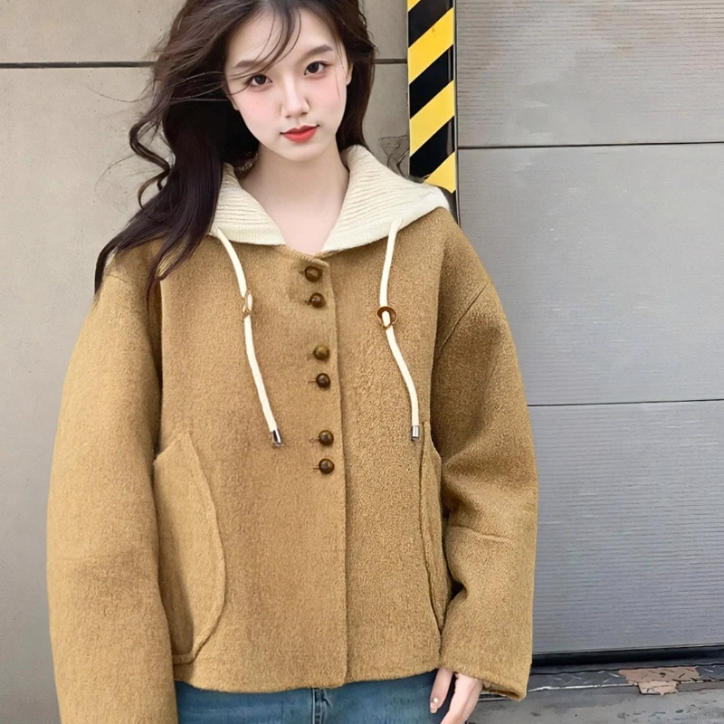 灰色拼接针织连帽毛呢外套女2025秋季新款韩系高级感短款呢子大衣