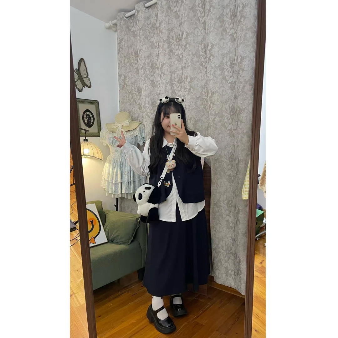 大码秋季学院风娃娃领马甲半身裙衬衫法式套装