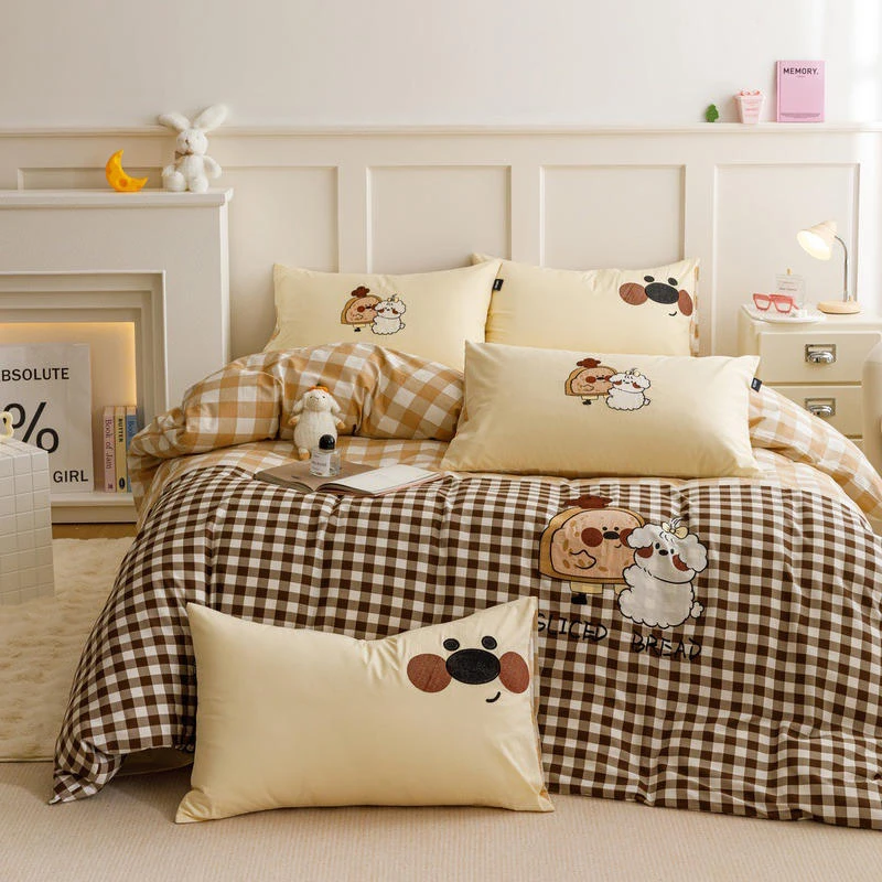 【晴美】全棉刺绣四件套-呆萌系列-吐司与比熊-咖格