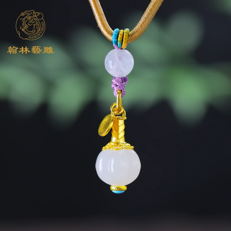 足金金镶玉古法金南瓜生活富足情人节送女朋友和田玉吊坠