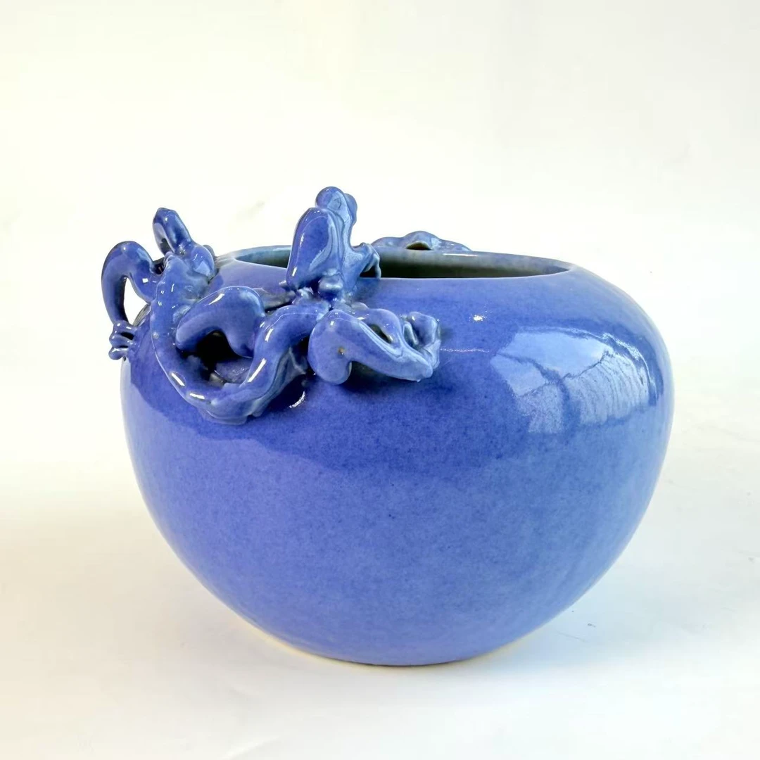 JM149民国-蓝釉堆塑赤龙洗子【古董拍卖】