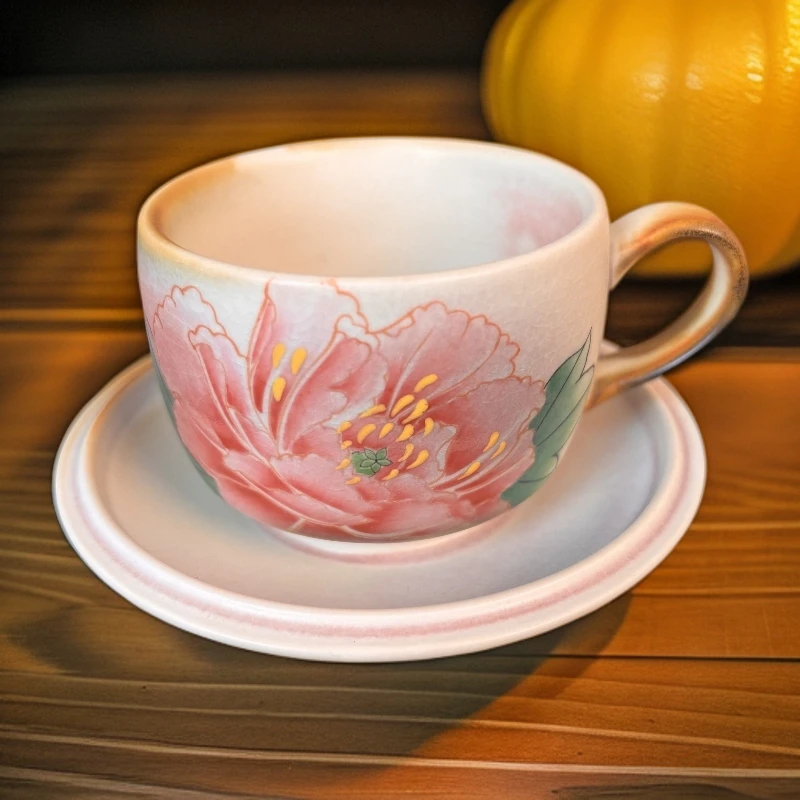 中式对杯牡丹咖啡杯家用见外包装陶瓷杯粉色茶具·手绘牡丹咖啡杯