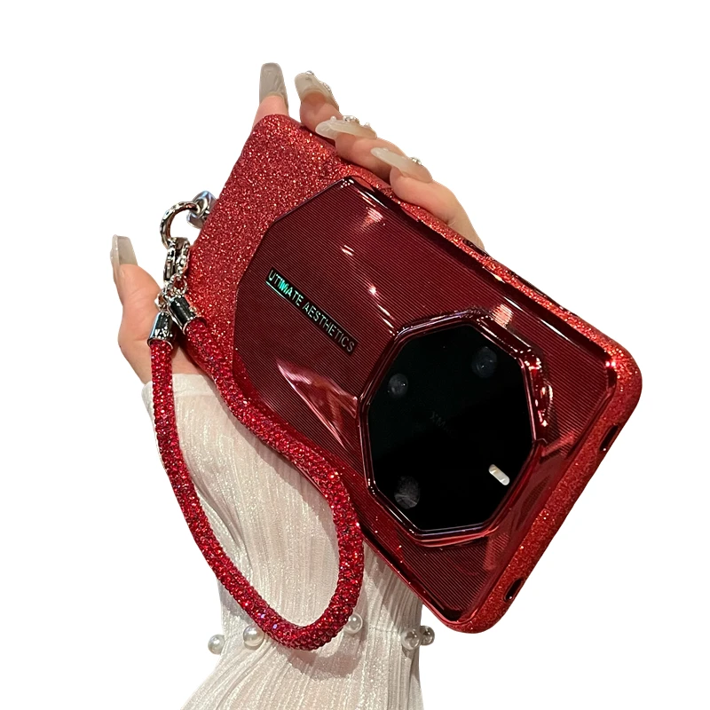 适用华为mate60pro手机壳高级闪粉链条mate60rs全包防摔保护套女