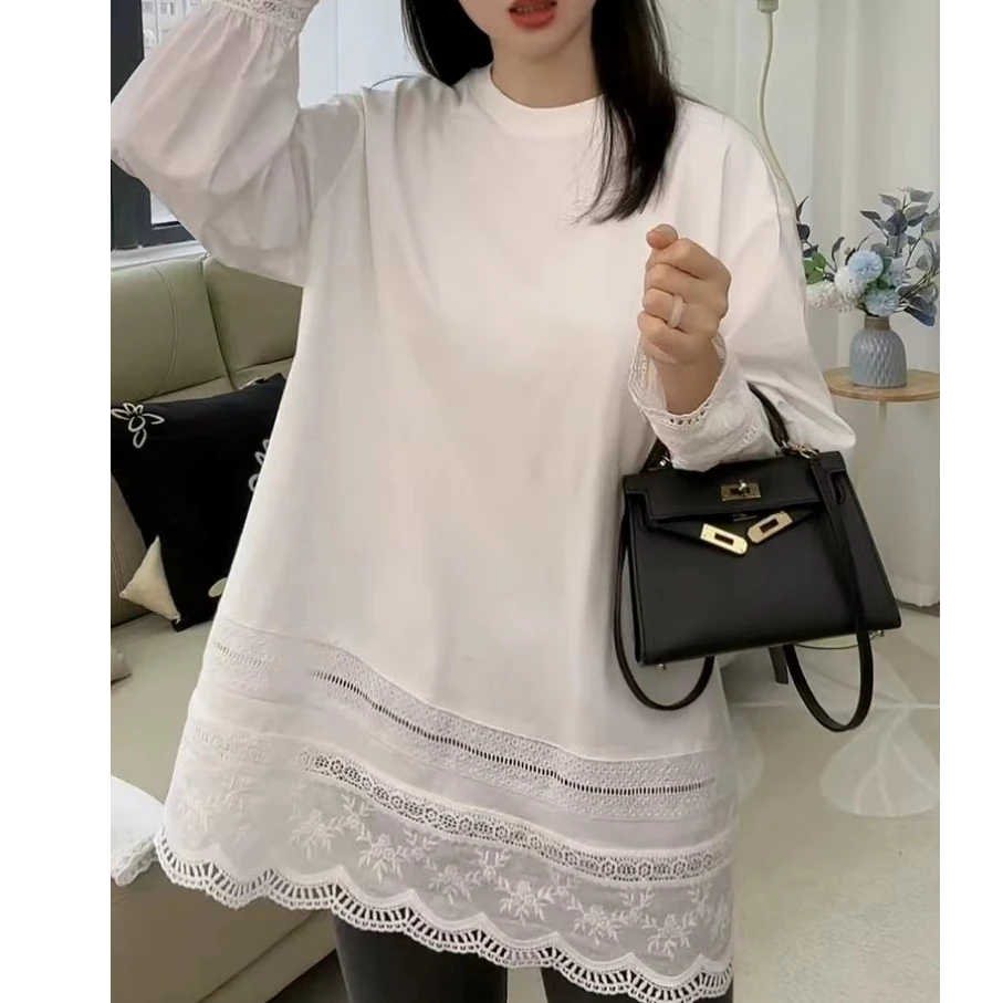 蕾丝拼接圆领泡泡袖春季T恤女长袖上衣设计感潮流百搭休闲时尚