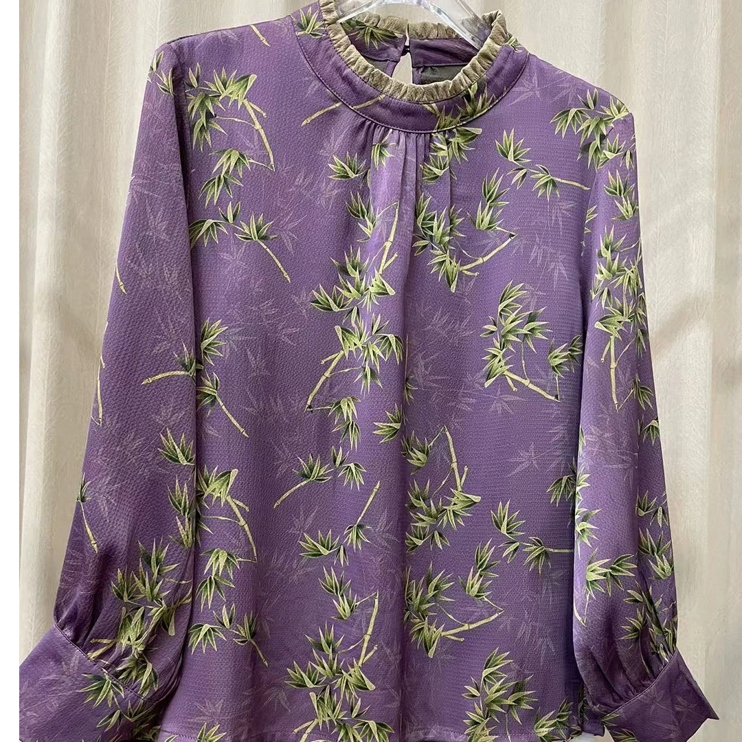 【紫气东来】2025春季新款时尚手工木耳边珍珠缎长袖衬衫886