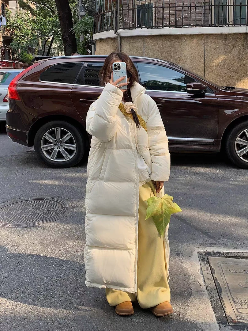 韩版大被子长款羽绒服女过膝加厚冬季白鹅绒连帽高级感外套韩版