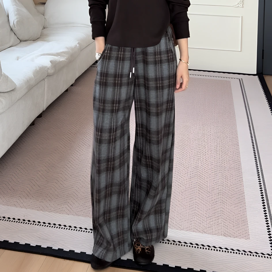 【余欢欢】秋季复古通勤松紧腰格子休闲裤-YHK50368