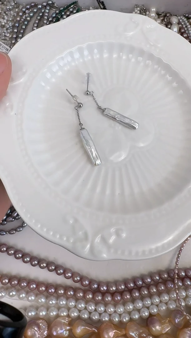 银S925镶嵌淡水珍珠耳饰银条耳饰