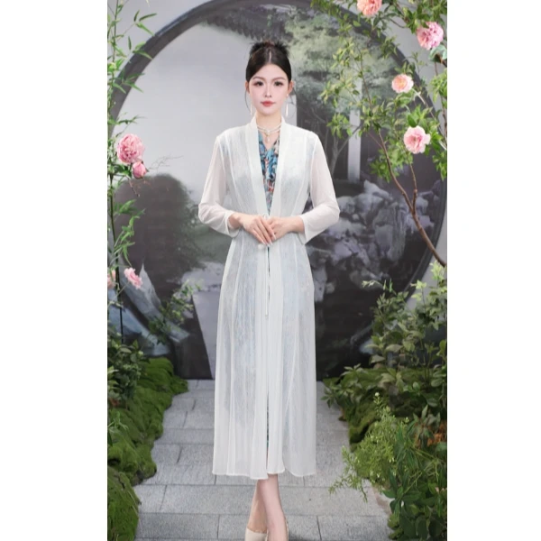 SUSSI/古色夏季新品商场同款白色V领中袖长款开衫空调衫外套女