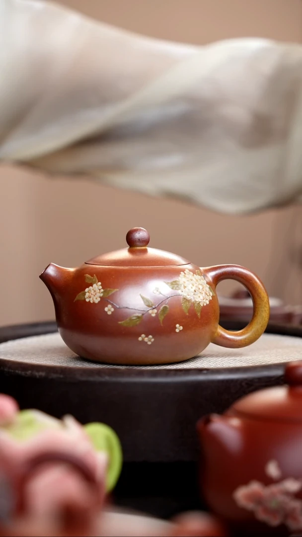 茶壶紫砂柴烧胭脂红西施泥绘花