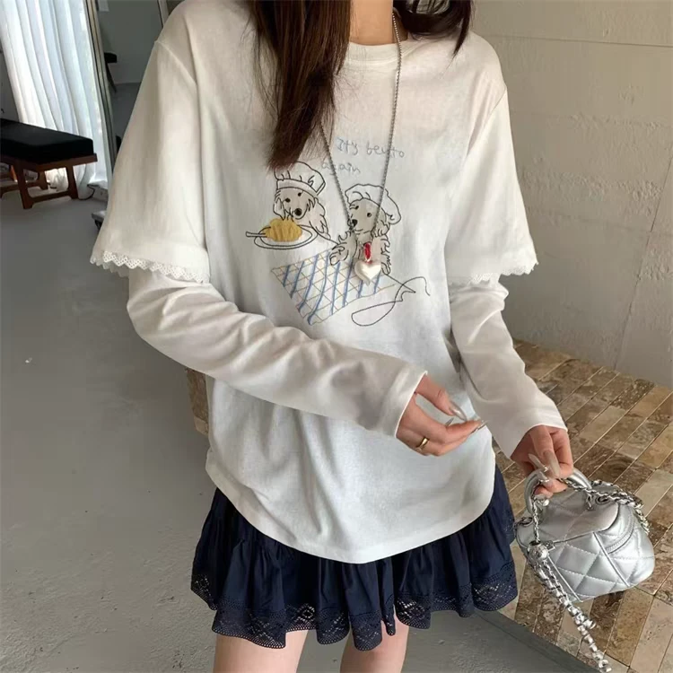 韩系趣味戴帽小狗印花花边百搭拼接长袖T恤春夏新款宽松显瘦上衣