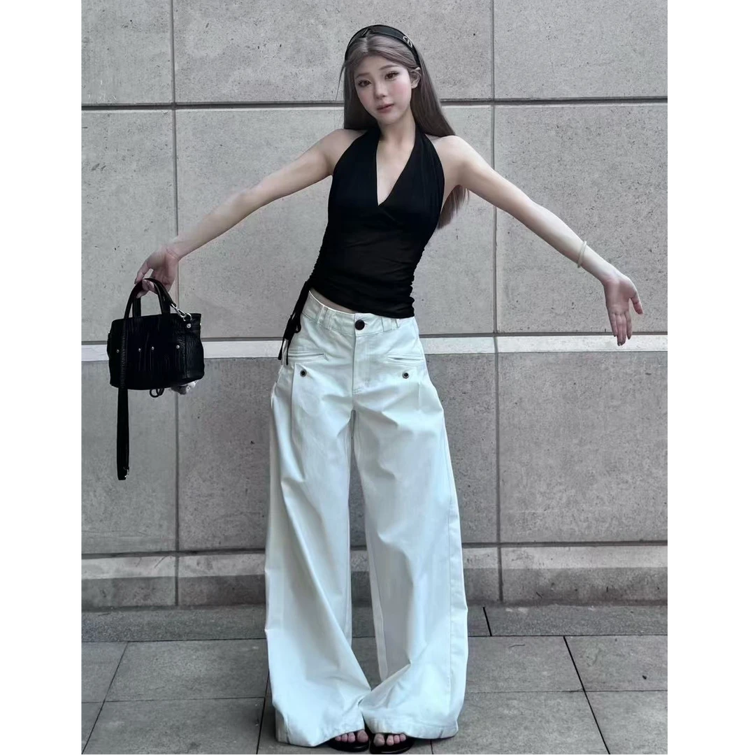 设计感高腰休闲裤女秋白色长裤宽松垂感百搭直筒阔腿裤显瘦拖地裤