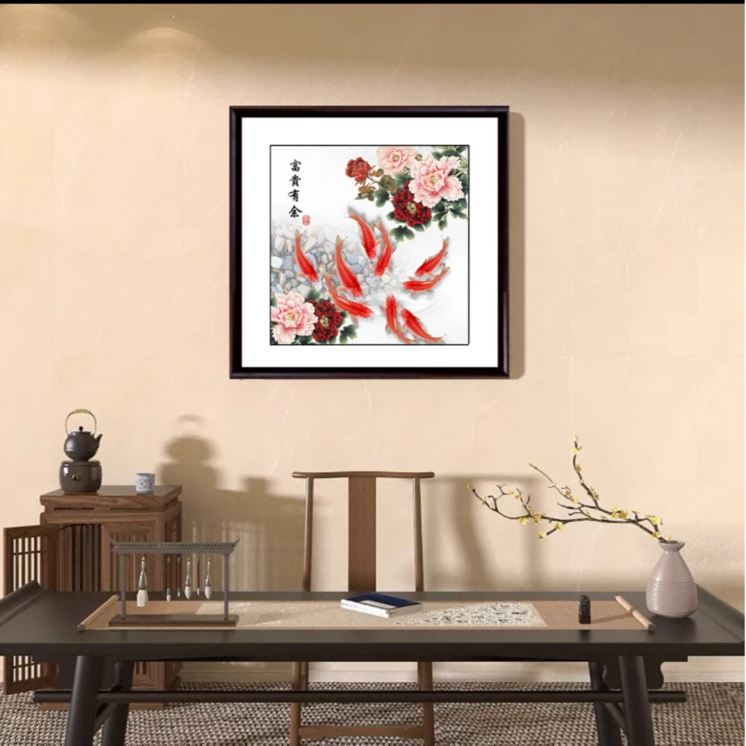 【富贵有余】斗方样品处理 默认微瑕 中式微喷复刻装饰画实木框