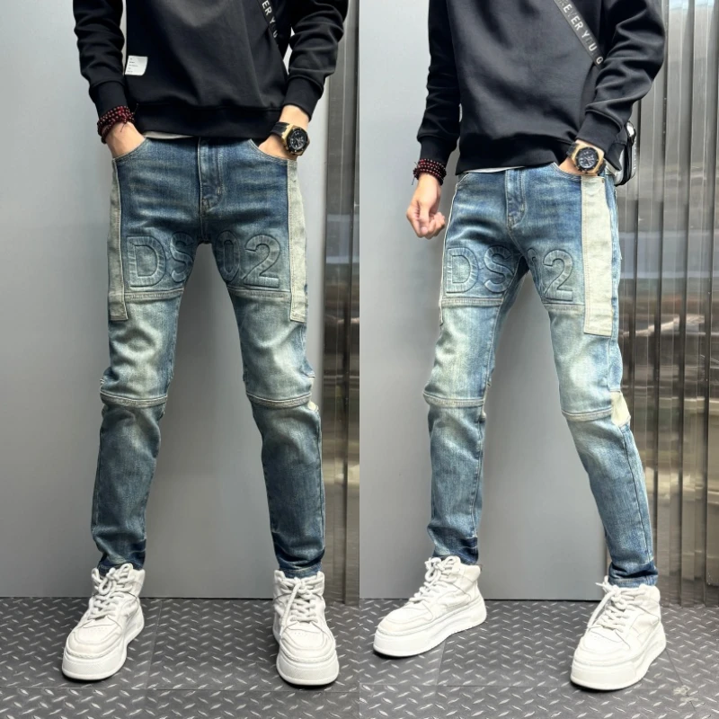 爆款男款小脚裤潮男做旧百搭修身拼接工装潮流感裤子秋冬长裤