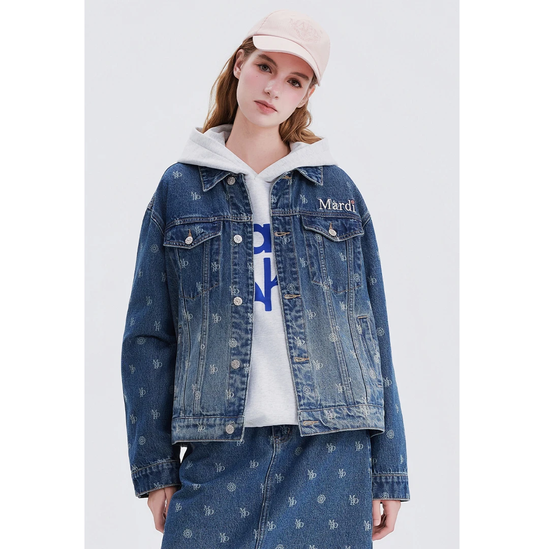 Mardi牛仔外套明星上身满印春季百搭女士=靛蓝牛仔夹克MJK2532242