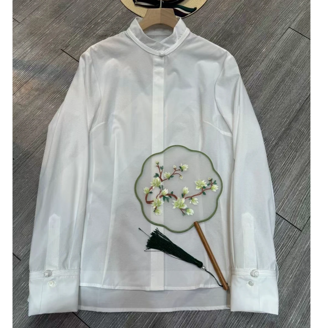 美娅MY 国风立领盘扣抗皱白衬衣四季款