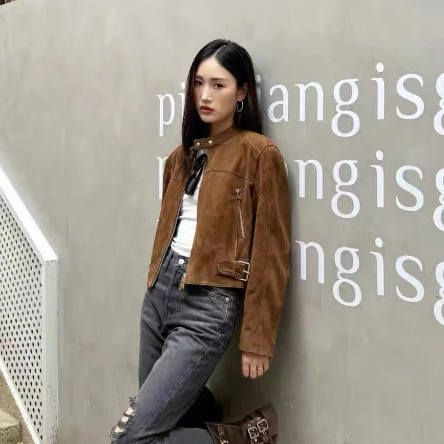 反绒羊皮皮衣女真皮夹克美拉德复古机车外套