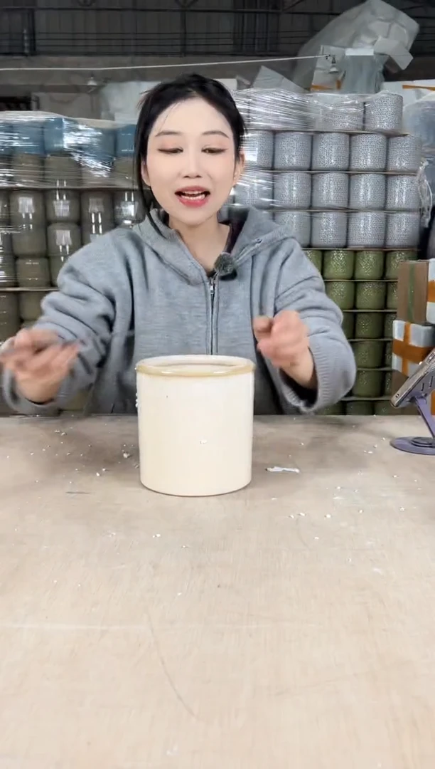【闪购商品】陶瓷圆口直筒白麻14x14
