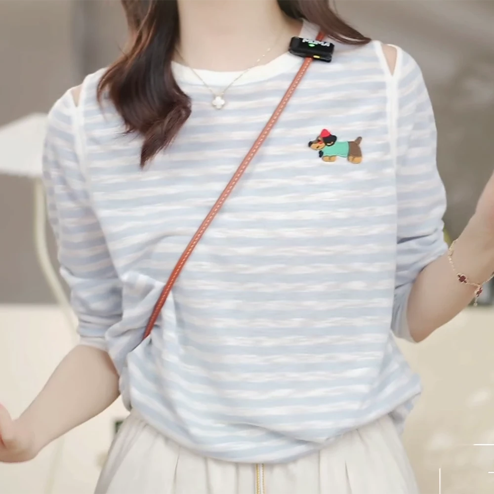 长袖T恤打底衫休闲百搭宽松条纹圆领针织衫C5770