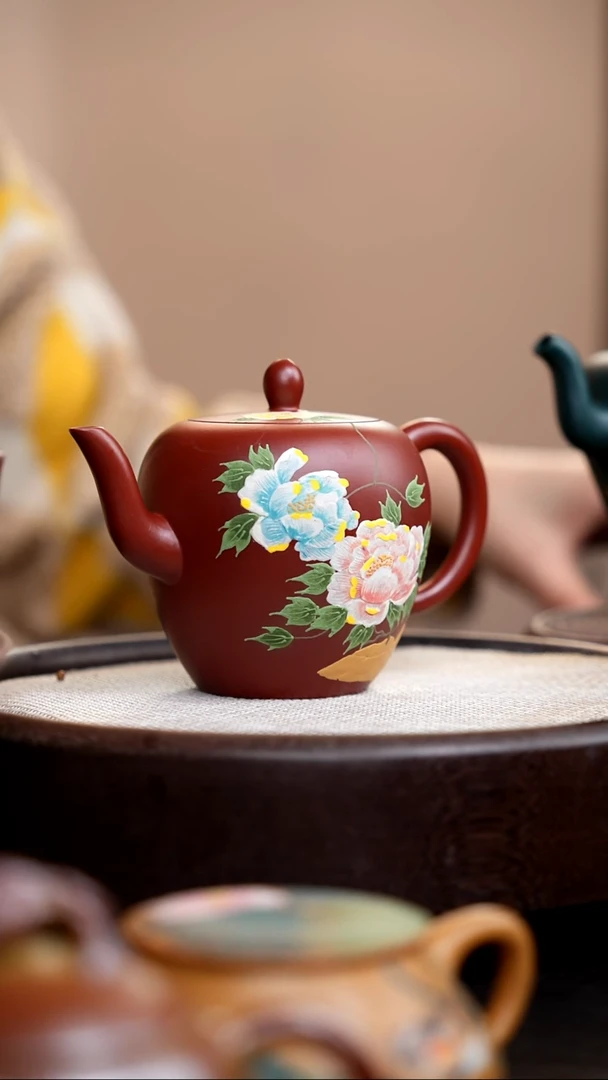 茶壶紫砂朱泥美人肩泥绘双花牡丹