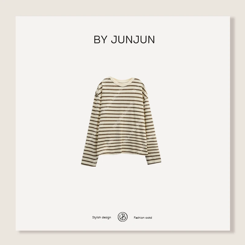 ByJunjun【彩纱条】木棉羊毛莱赛尔彩纱条纹上衣圆领长袖T恤