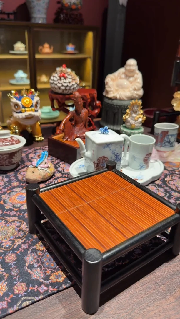 茶室小花架竹子花架茶桌摆件花架复古家用方形竹编小花架