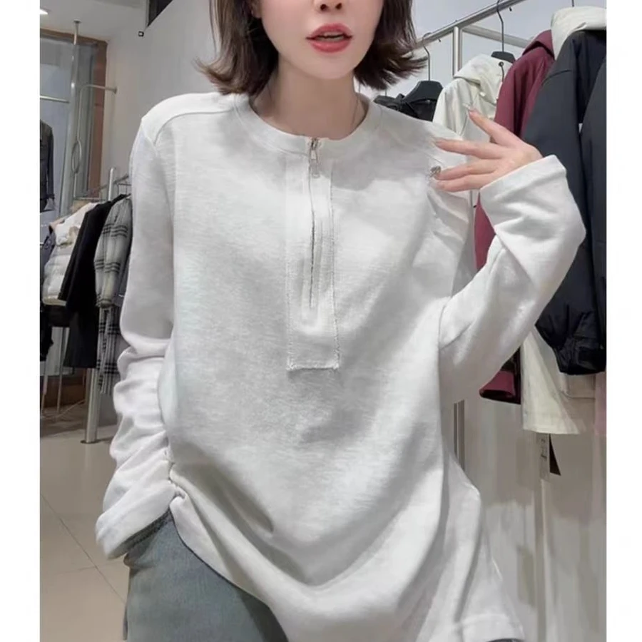 25-3-001百搭洋气不规则拉链减龄长袖新款显瘦长袖T恤