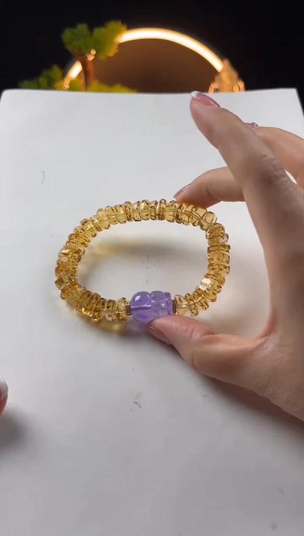 【闪购商品】水晶手链未镶嵌天然黄水晶切面搭紫貔貅手串