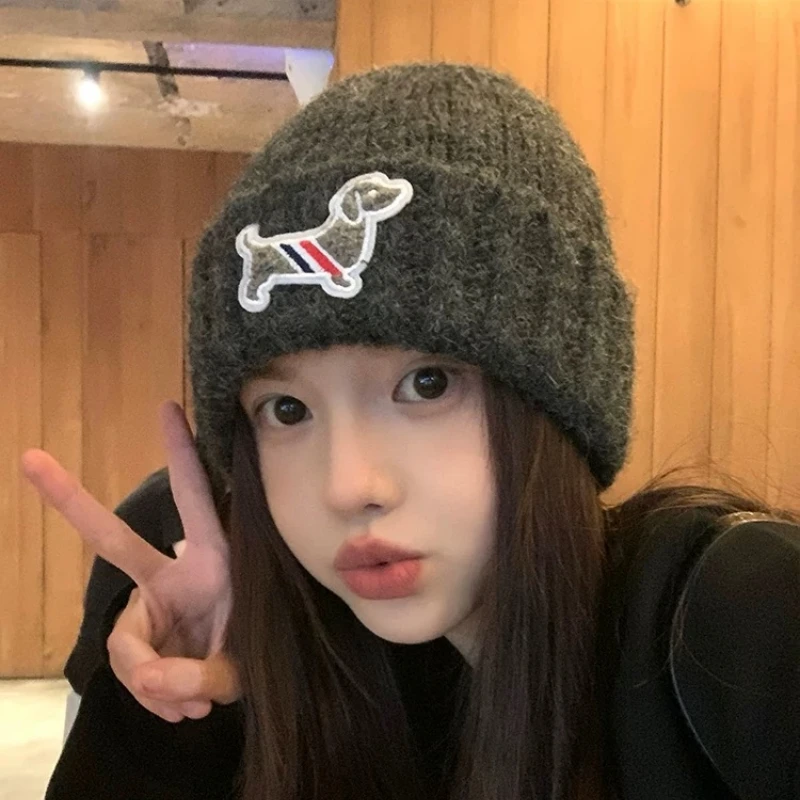 帽子女冬季卷檐无檐针织帽森系卡通元素包头帽加厚保暖时尚毛线帽