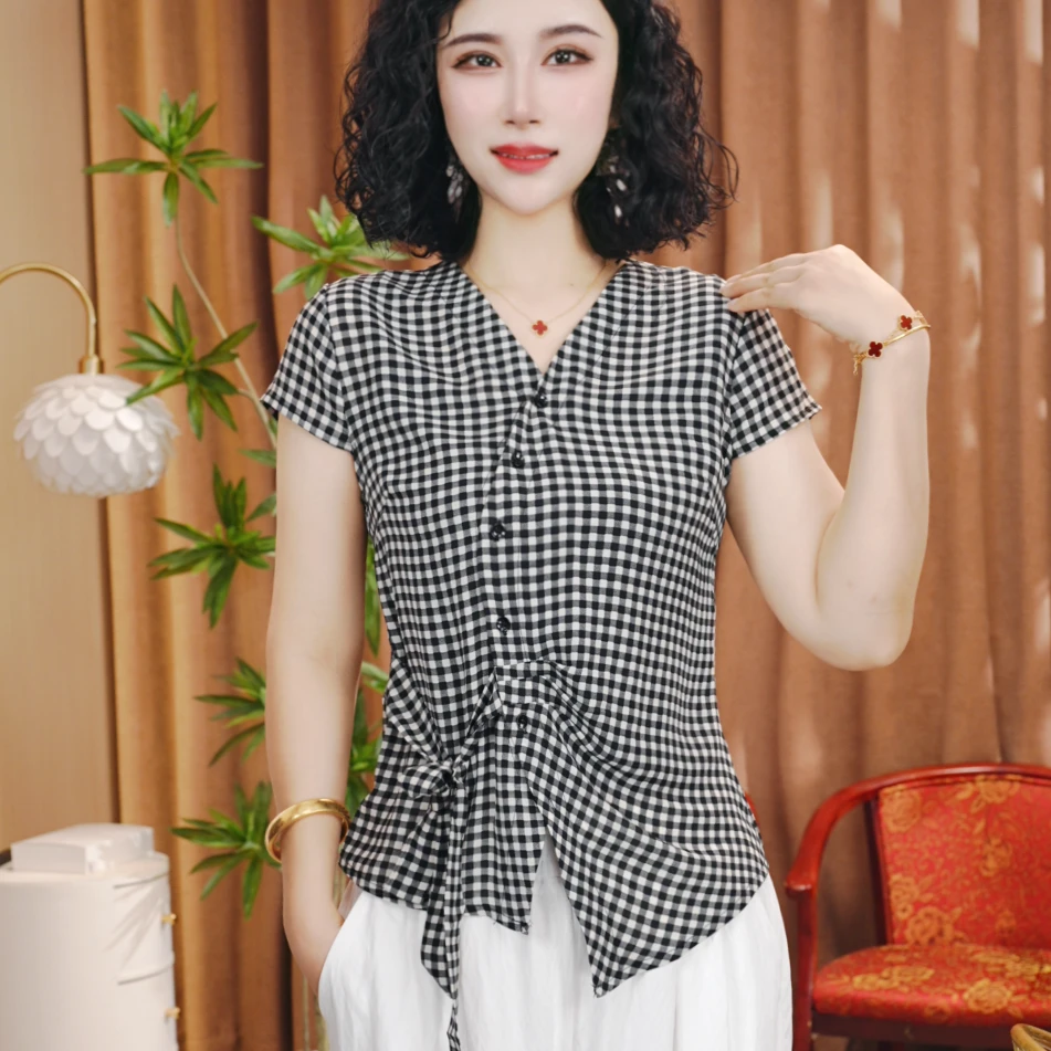 夏季新款休闲洋气短袖气质百搭V领显瘦开衫扣上衣小衫