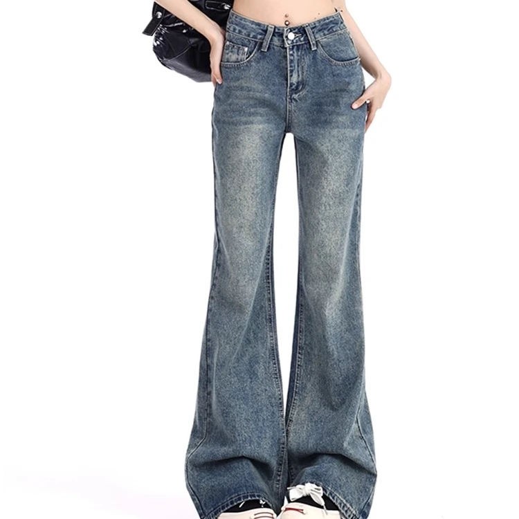 高腰阔腿牛仔裤女秋季2025复古蓝百搭设计感不贴腿微喇叭拖地长裤
