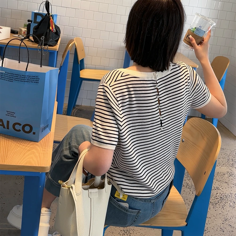 【夏上新】胖mm显瘦圆领条纹短袖针织衫上衣200斤大码女装_9155-GT