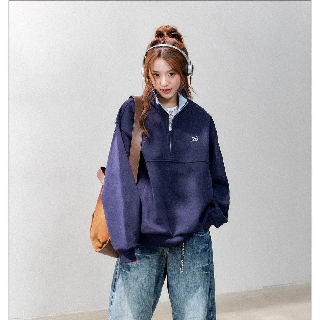 美式慵懒风半拉链立领卫衣女秋季宽松字母刺绣上衣oversize