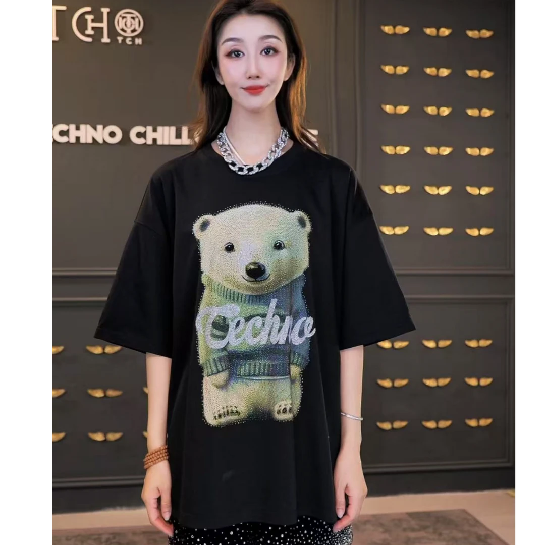 TCH轻奢小熊烫钻T恤圆领25新款T75C10E9025私服tch