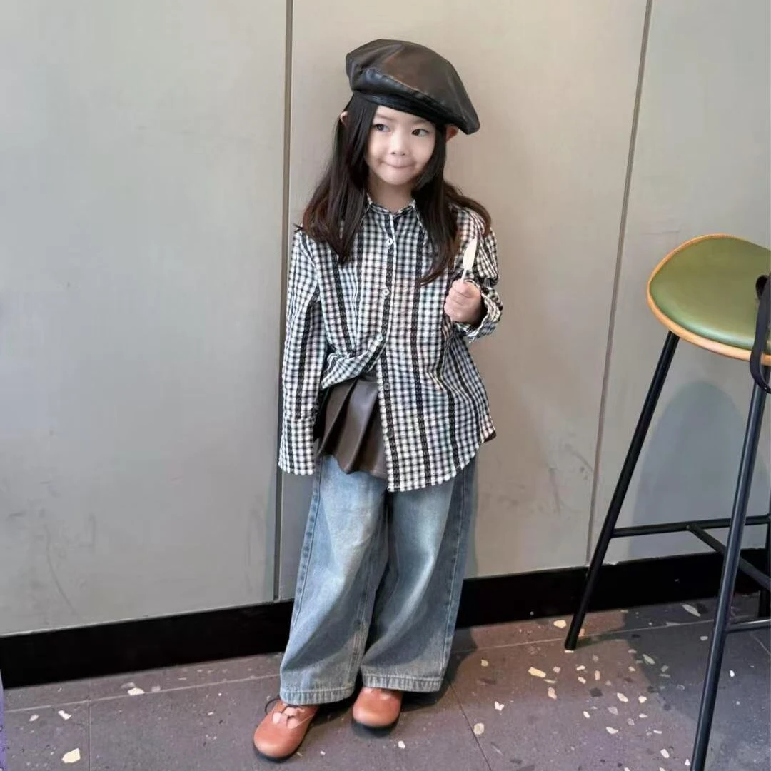 壹妈韩版童装女童秋装套装洋气儿童时髦格子衬衫上衣牛仔裤两件套