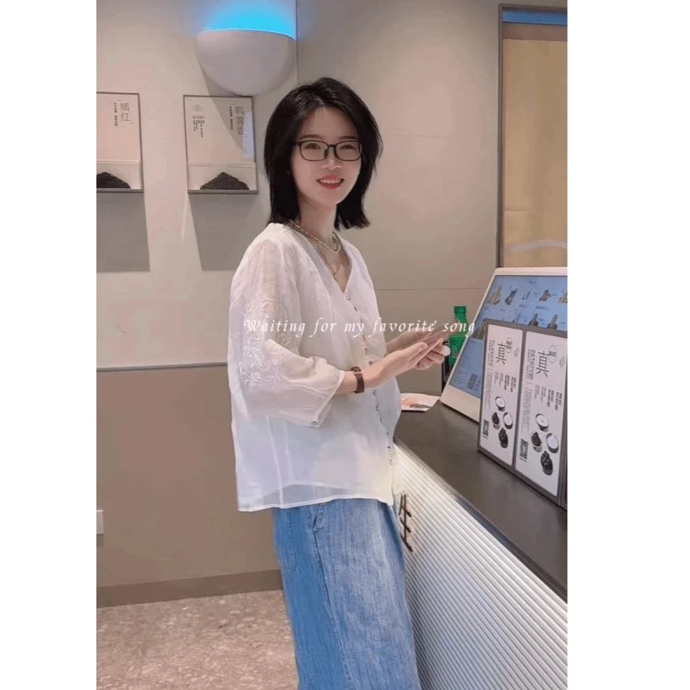 夏季新品苎麻加捻仙女宽皱水溶刺绣休闲清凉开衫上衣24127