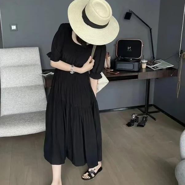 T1351法式百褶休闲连衣裙不褪色长款连衣裙