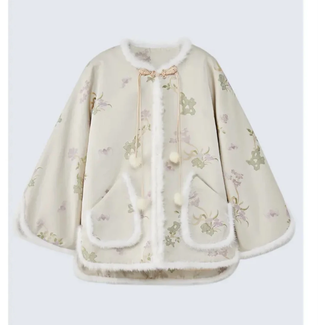 上久楷宋锦山石牡丹加绒中式女士外套