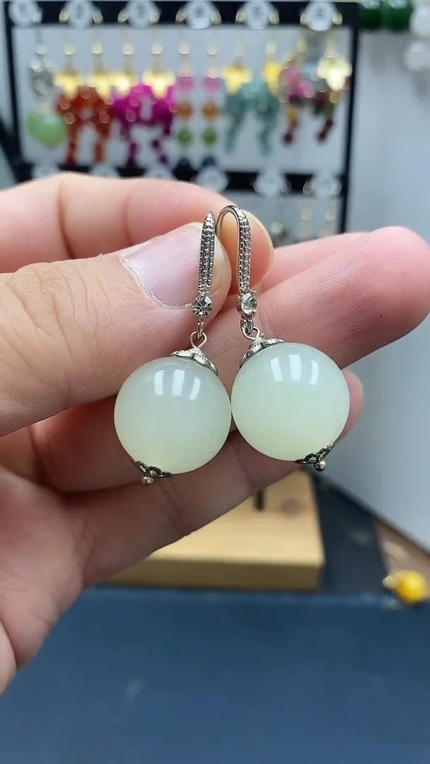 银S925镶嵌和田玉耳饰尺寸16mmW2