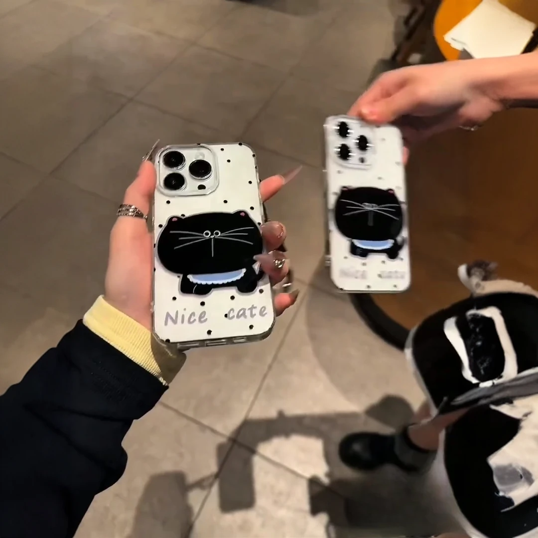 大脸波点黑猫手绳适用iPhone16手机壳华为vivo小米15oppo女