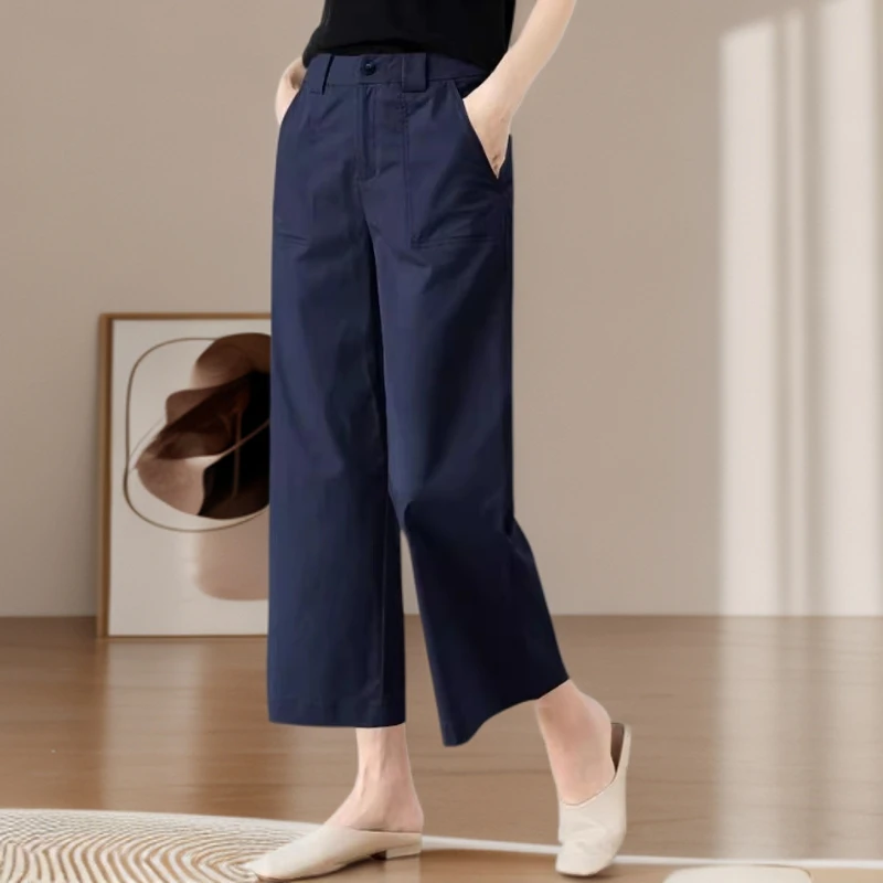 藏青色阔腿裤女2025新款夏季薄款窄版高腰宽松显瘦百搭休闲八分裤