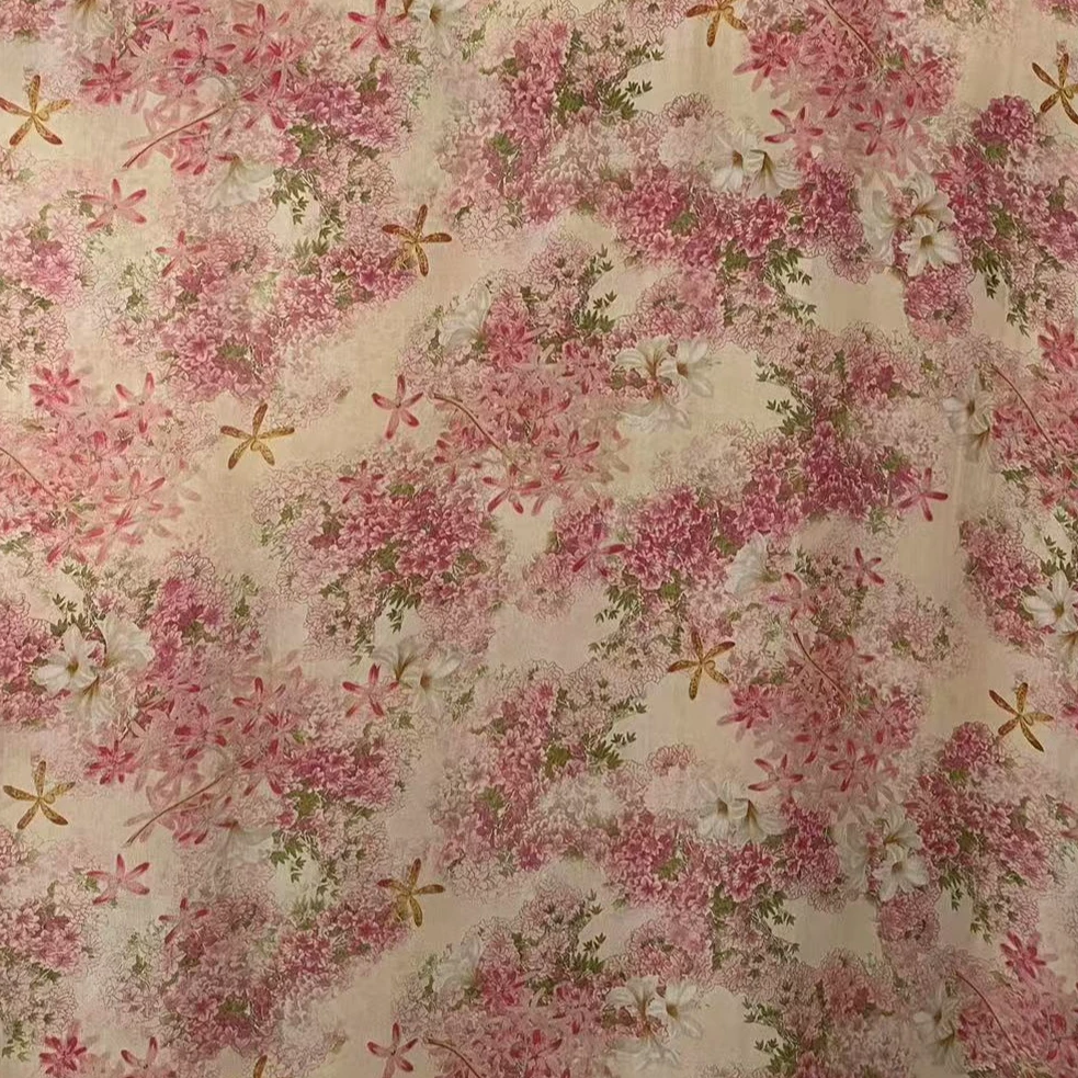 【杏底粉花乔其纱】连衣裙丝巾围巾面料布料时尚连衣裙时装雪纺