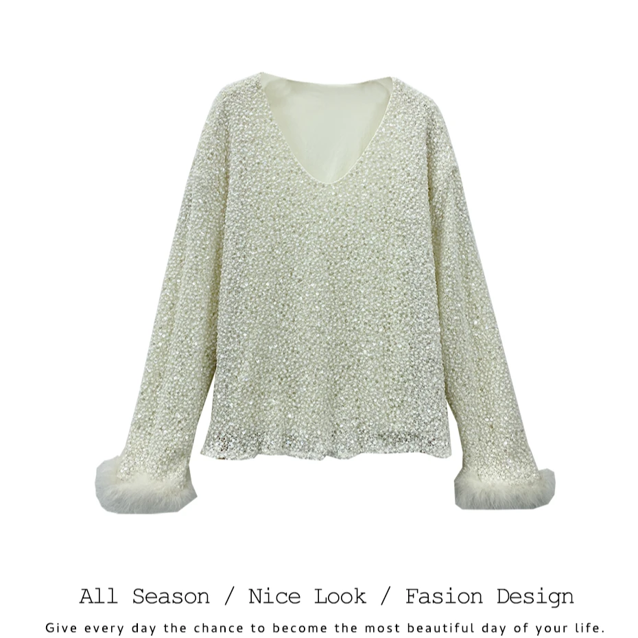 854    时尚杏色拼接亮片双层宽松百搭重工长袖     款号#8005