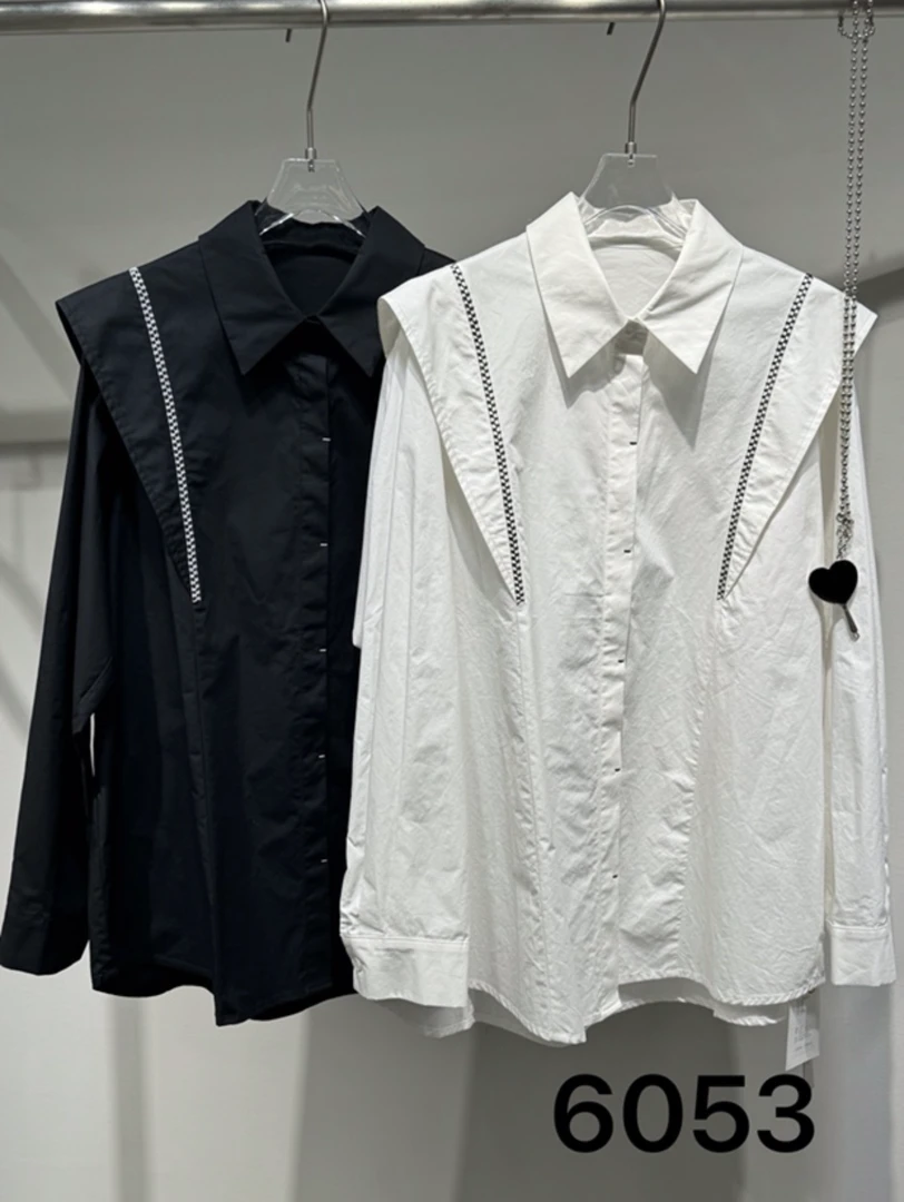 6053春秋季新款别致漂亮折肩长袖衬衫女韩系宽松休闲百搭衬衣上衣