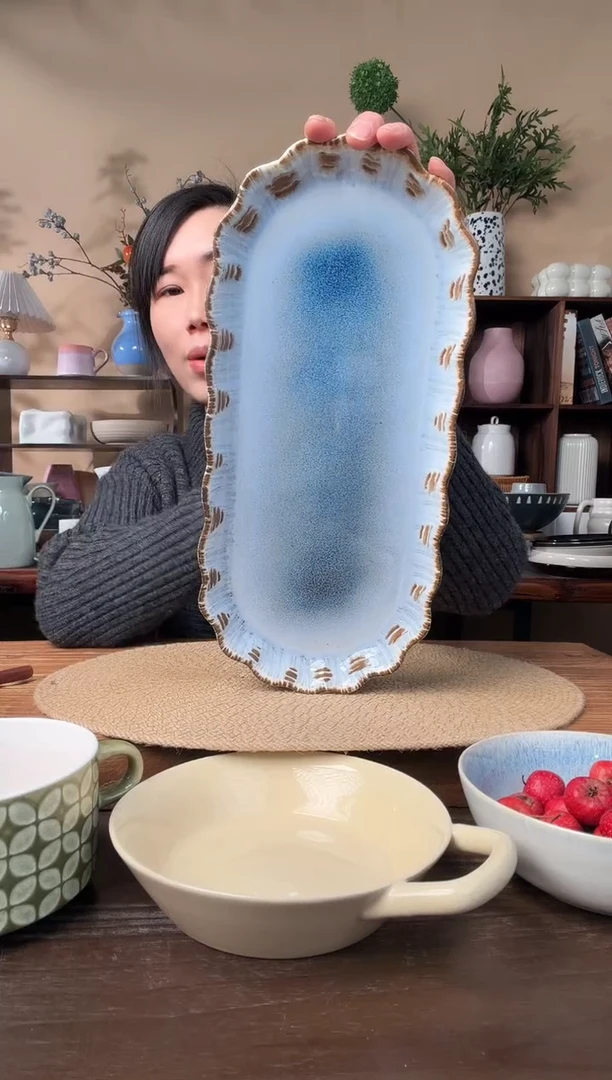 14英寸窑变做旧花边鱼盘微瑕